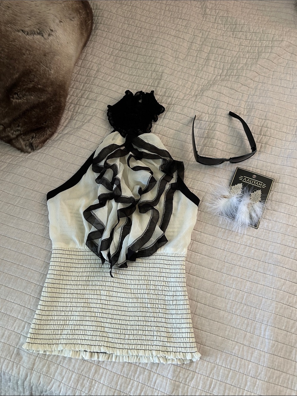 Bebe Vtg Y2K rare cream black silk ruffle halter smocked top blouse S